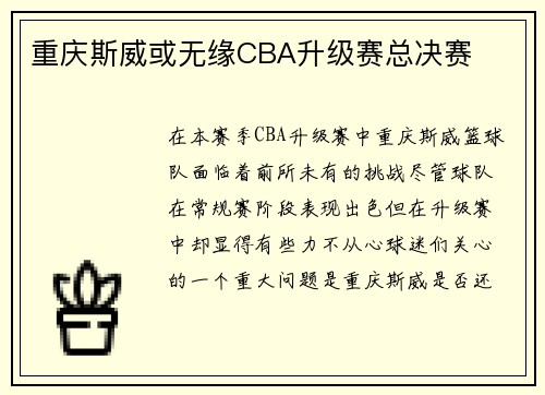 重庆斯威或无缘CBA升级赛总决赛