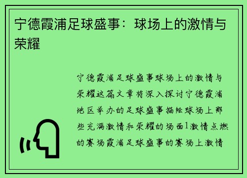 宁德霞浦足球盛事：球场上的激情与荣耀