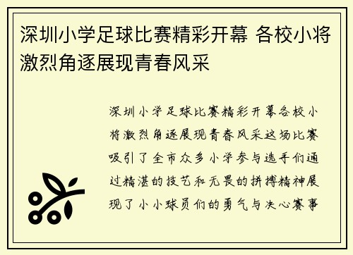 深圳小学足球比赛精彩开幕 各校小将激烈角逐展现青春风采