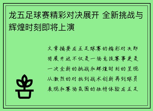 龙五足球赛精彩对决展开 全新挑战与辉煌时刻即将上演