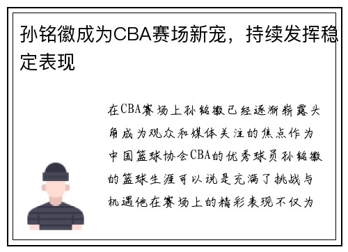孙铭徽成为CBA赛场新宠，持续发挥稳定表现