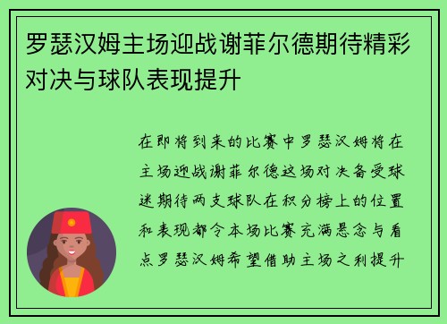 罗瑟汉姆主场迎战谢菲尔德期待精彩对决与球队表现提升