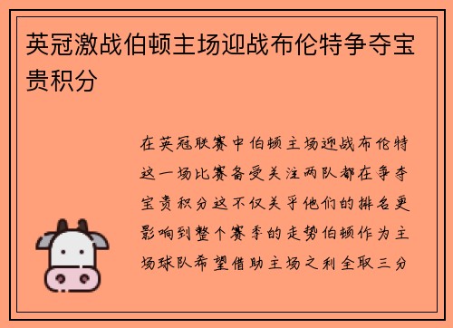 英冠激战伯顿主场迎战布伦特争夺宝贵积分