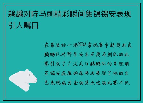 鹈鹕对阵马刺精彩瞬间集锦锡安表现引人瞩目