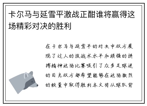 卡尔马与延雪平激战正酣谁将赢得这场精彩对决的胜利