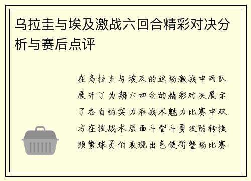 乌拉圭与埃及激战六回合精彩对决分析与赛后点评
