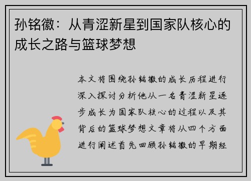 孙铭徽：从青涩新星到国家队核心的成长之路与篮球梦想