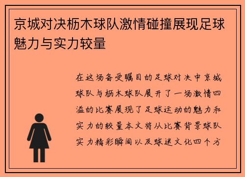 京城对决枥木球队激情碰撞展现足球魅力与实力较量