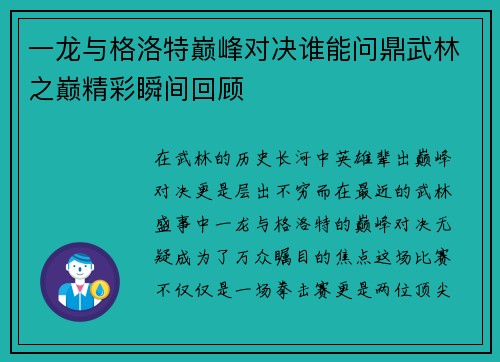 一龙与格洛特巅峰对决谁能问鼎武林之巅精彩瞬间回顾