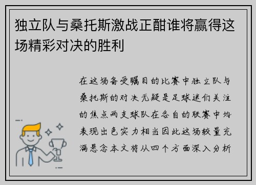 独立队与桑托斯激战正酣谁将赢得这场精彩对决的胜利
