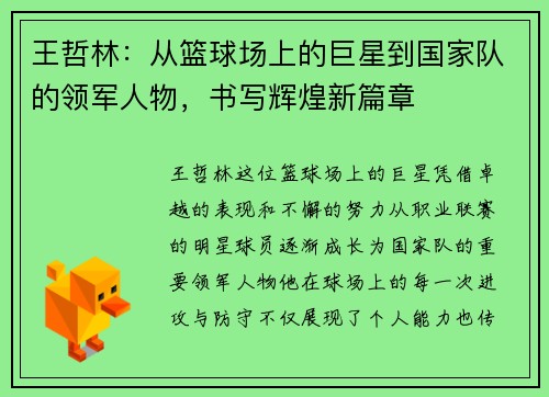 王哲林：从篮球场上的巨星到国家队的领军人物，书写辉煌新篇章