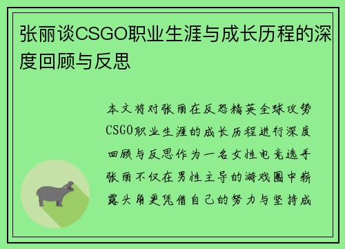 张丽谈CSGO职业生涯与成长历程的深度回顾与反思