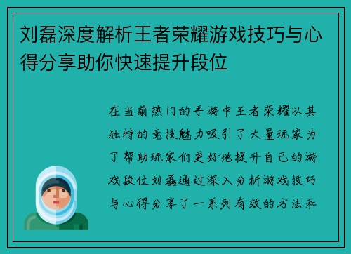 刘磊深度解析王者荣耀游戏技巧与心得分享助你快速提升段位