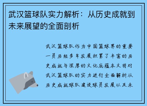 武汉篮球队实力解析：从历史成就到未来展望的全面剖析