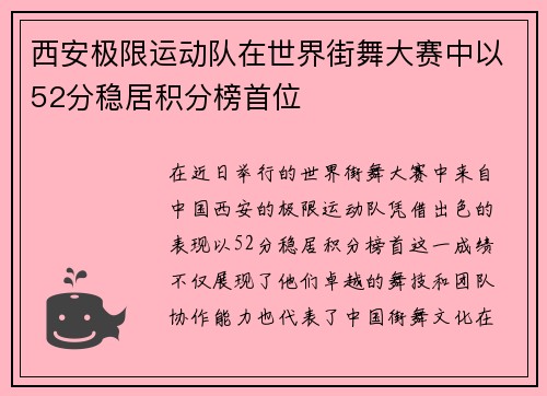 西安极限运动队在世界街舞大赛中以52分稳居积分榜首位