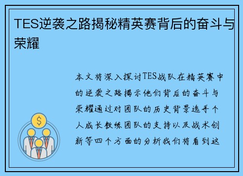 TES逆袭之路揭秘精英赛背后的奋斗与荣耀