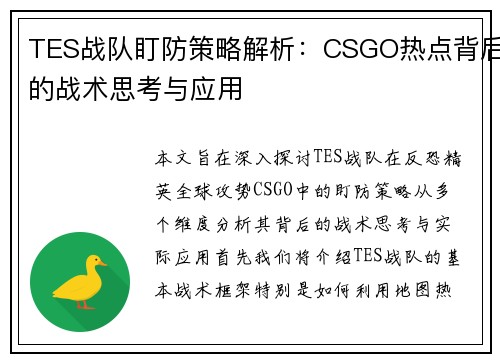 TES战队盯防策略解析：CSGO热点背后的战术思考与应用
