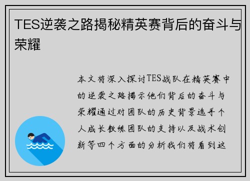 TES逆袭之路揭秘精英赛背后的奋斗与荣耀