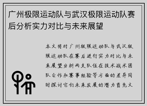 广州极限运动队与武汉极限运动队赛后分析实力对比与未来展望