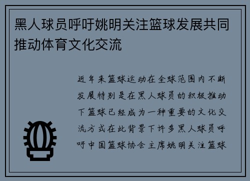 黑人球员呼吁姚明关注篮球发展共同推动体育文化交流