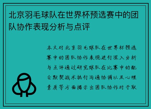 北京羽毛球队在世界杯预选赛中的团队协作表现分析与点评
