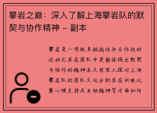 攀岩之巅：深入了解上海攀岩队的默契与协作精神 - 副本