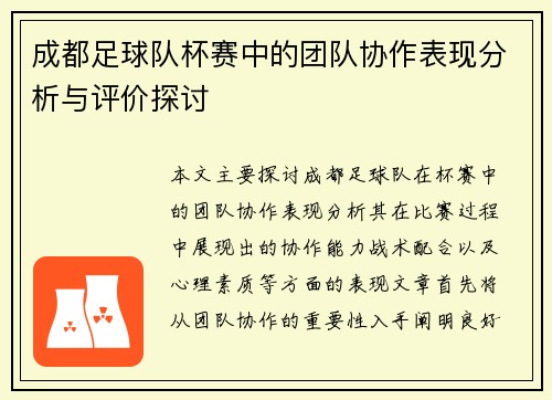 成都足球队杯赛中的团队协作表现分析与评价探讨